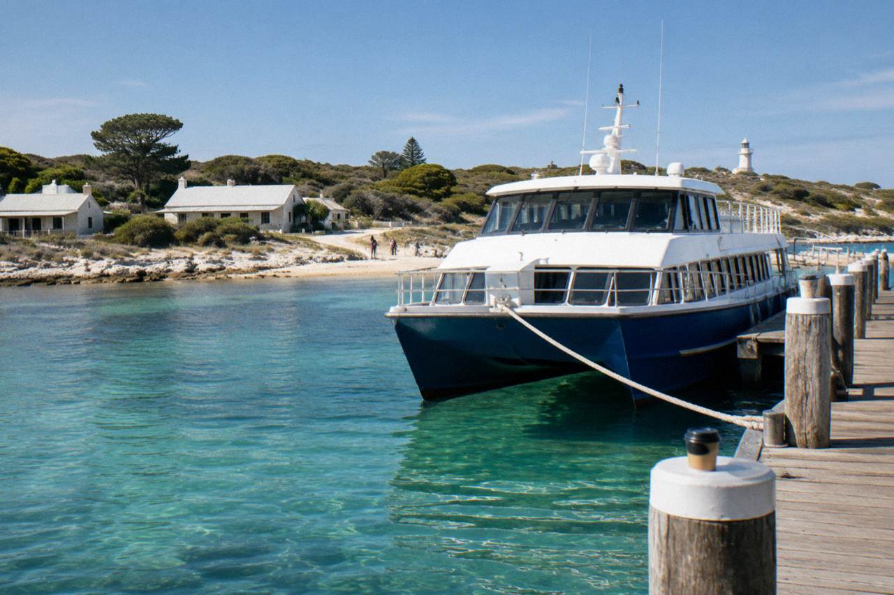 A ferry moored at a timber jetty beside calm turquoise water on a sunny morning
