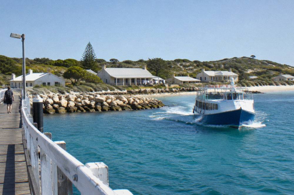 A ferry passing a breakwater with an island settlement visible across the water