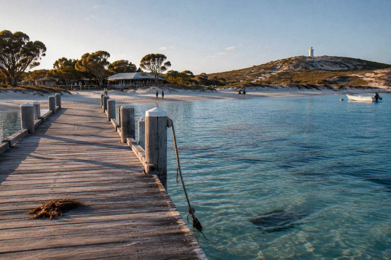 Turquoise water and white sand at a sheltered Rottnest Island bay with a wooden jetty