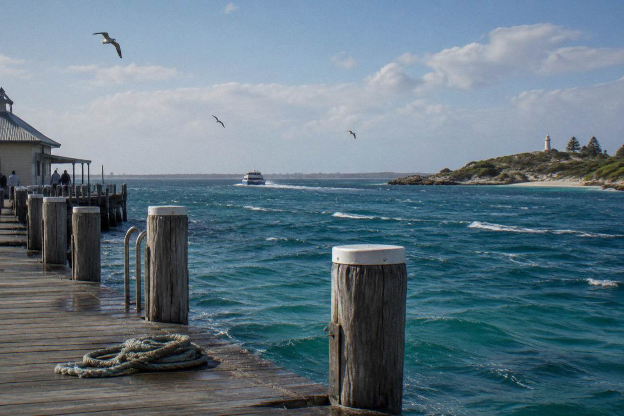 Open water between the mainland and Rottnest Island with light chop on the surface