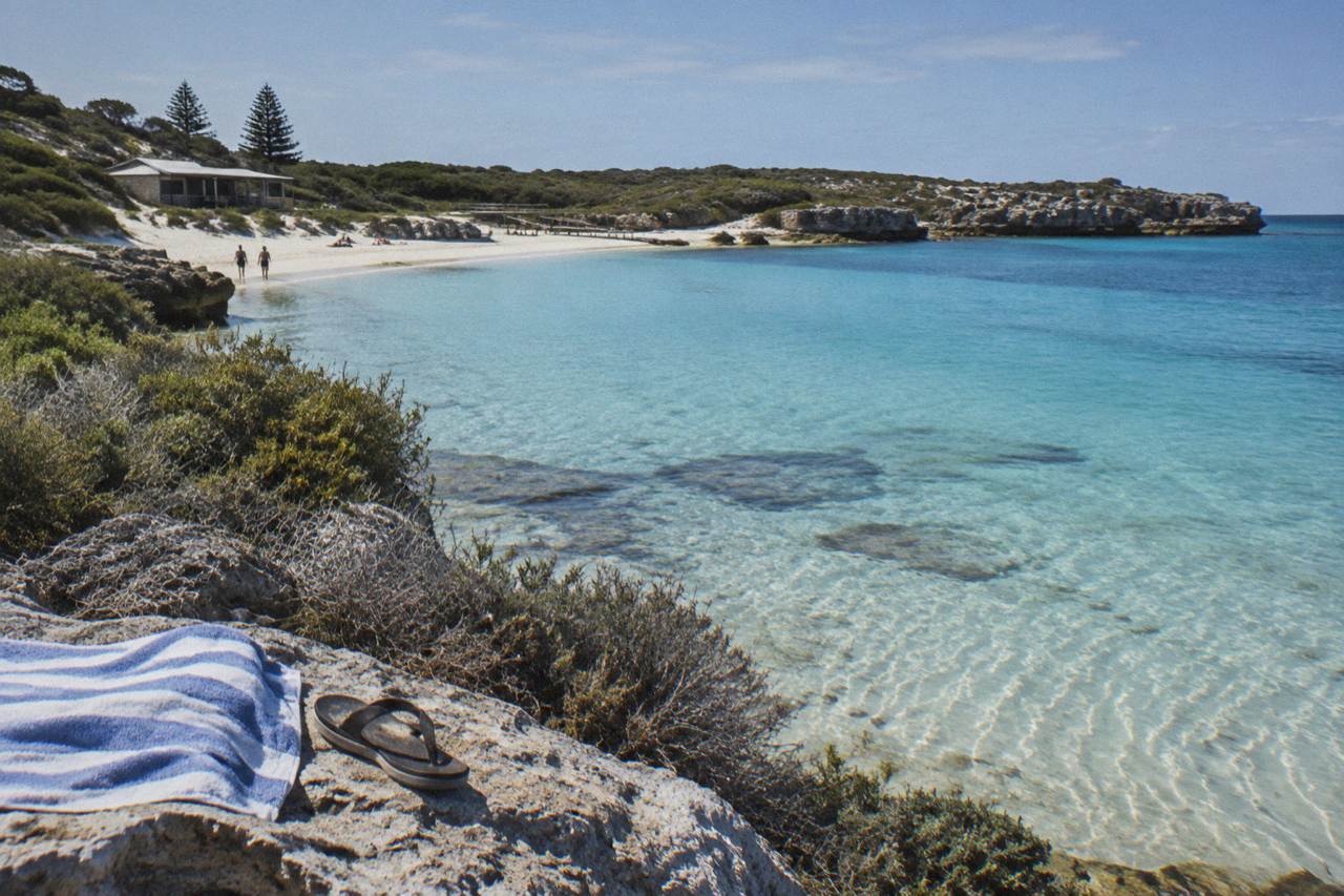 A calm turquoise bay on Rottnest Island with white sand and low coastal scrub under a clear sky