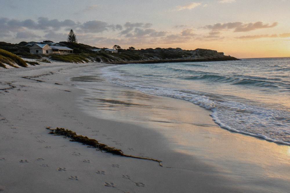 Empty sandy beach at first light with gentle waves and no people on the shore