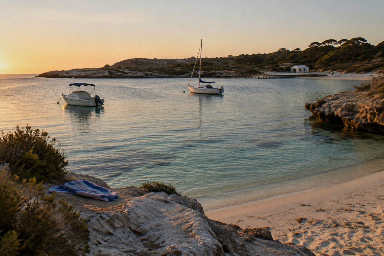 Still water at a Rottnest Island bay in the early evening with moored boats and low light over the sand
