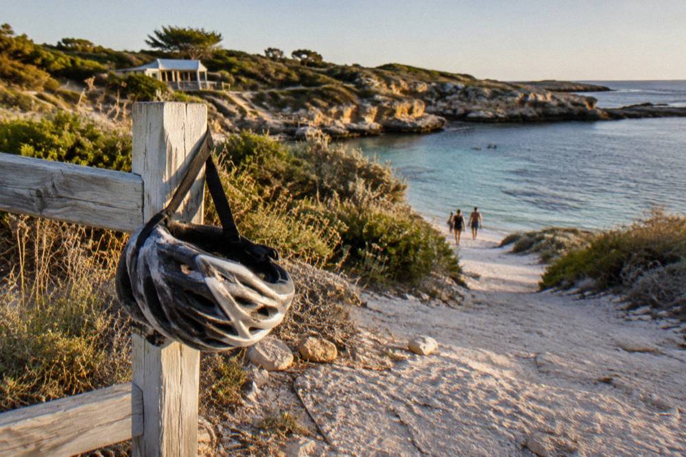 A bicycle leaning against a wooden fence above a sheltered sandy beach