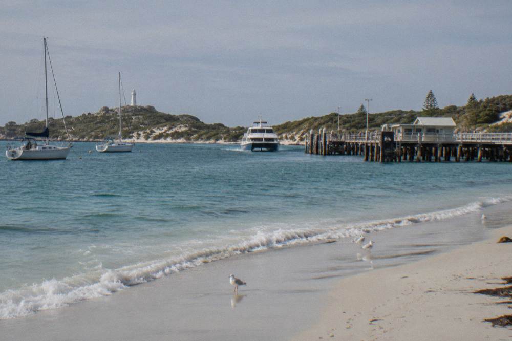 A ferry approaching a wooden jetty in a sheltered bay with moored boats