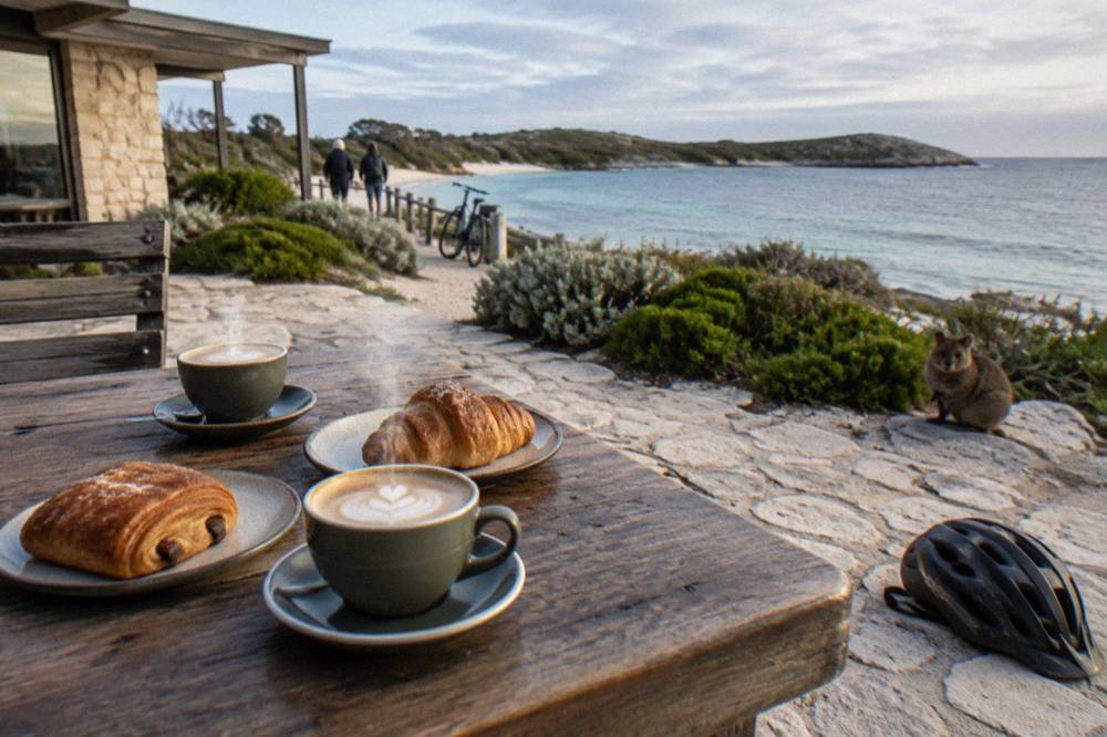 Coffee cups and pastries on a timber table outside a small cafe in a coastal settlement