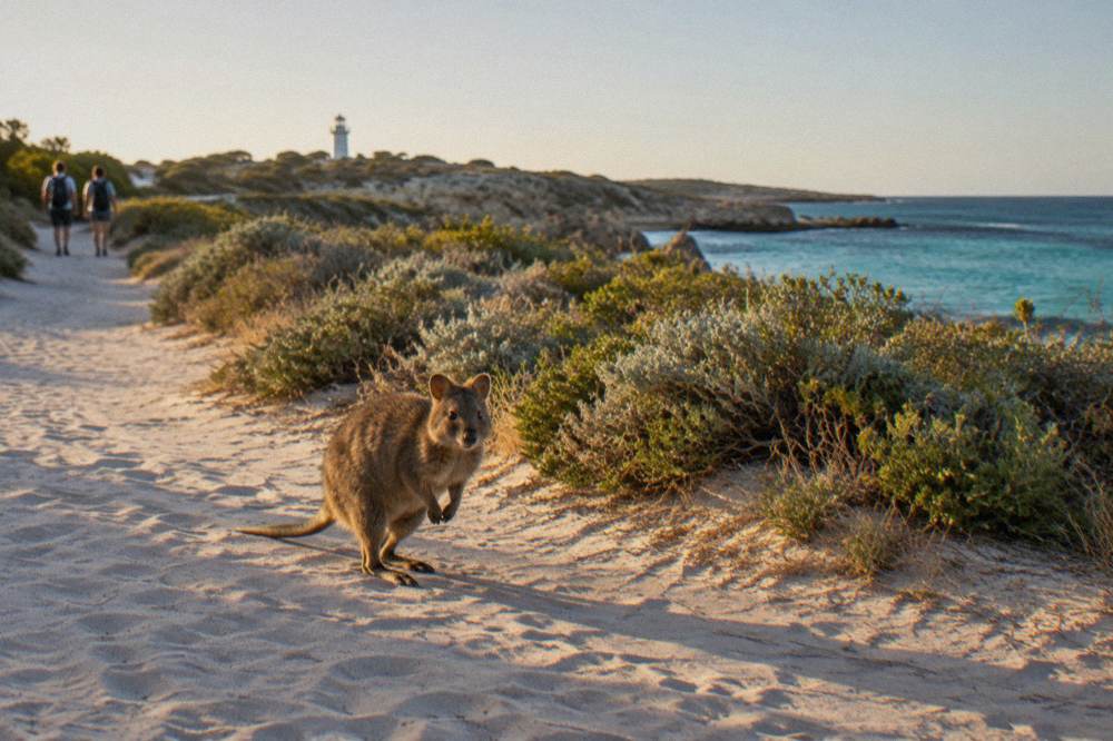 A quokka standing on a sandy path with coastal scrub behind it