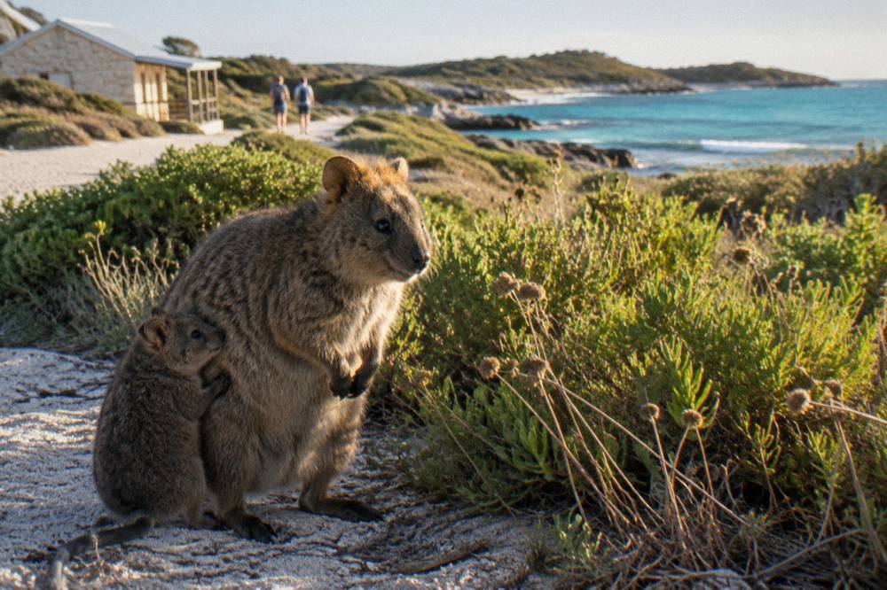 A quokka standing on a sandy path surrounded by low green coastal scrub