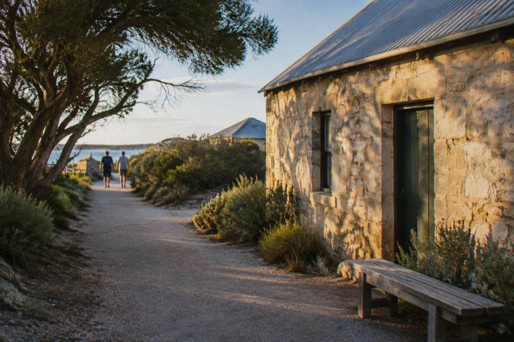 A stone heritage building beside a path in the Thomson Bay settlement under a clear sky