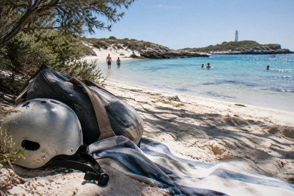 A beach towel and backpack resting beside a bicycle at a sandy bay on Rottnest Island