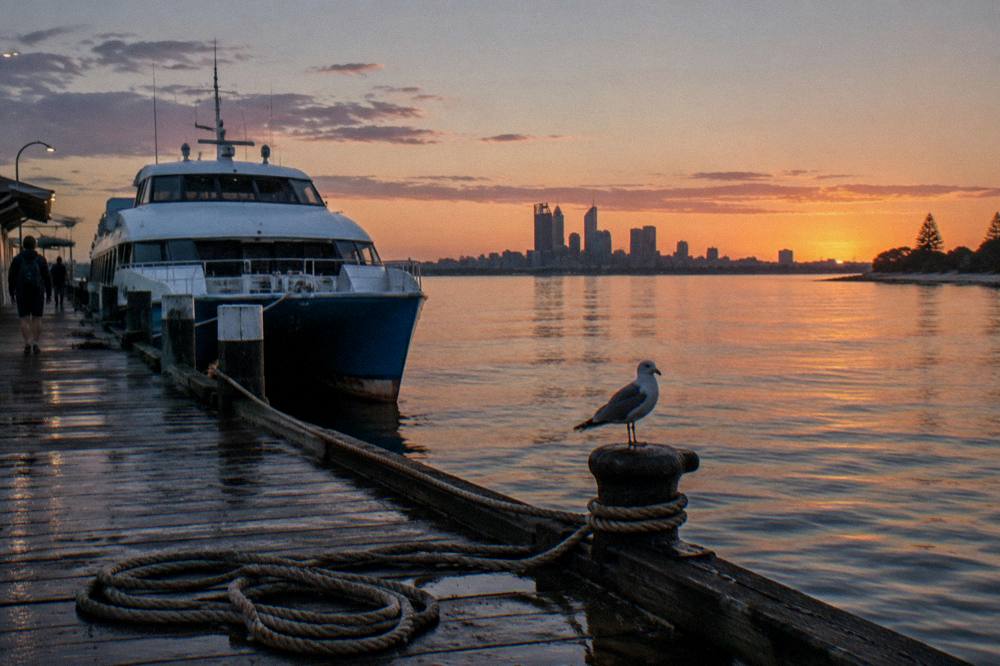 Ferry terminal jetty at sunset with a vessel tied alongside and calm water in the marina