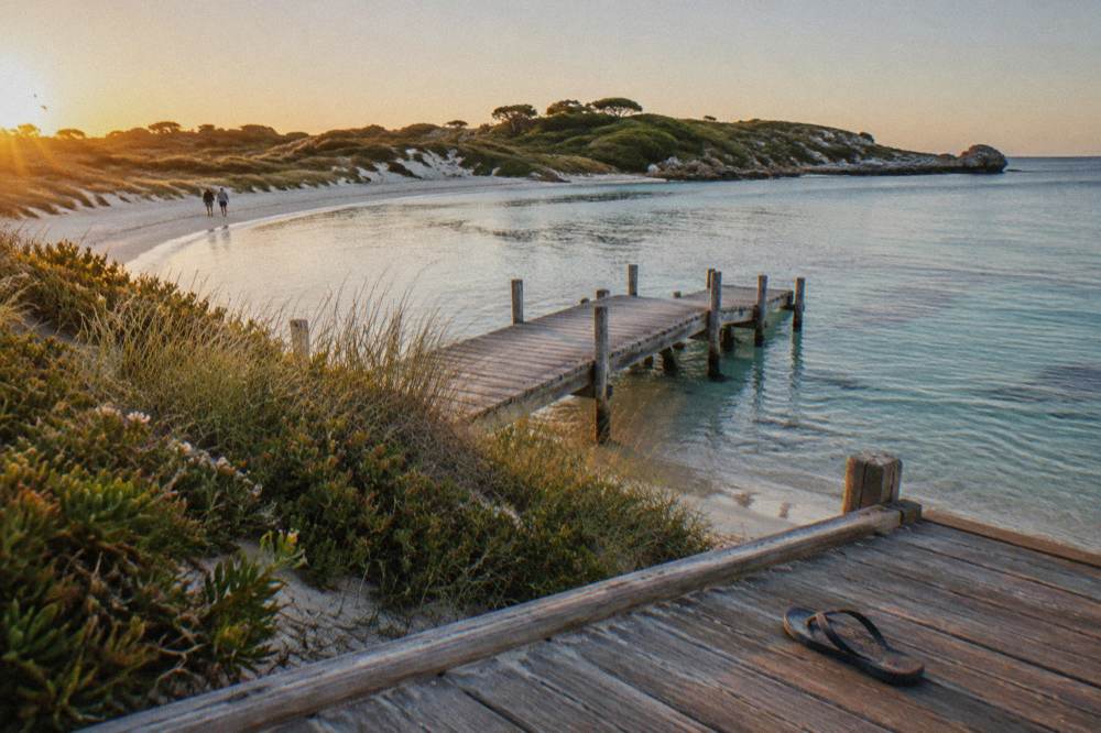 Wooden jetty extending over clear shallow water with sandy shore and low vegetation