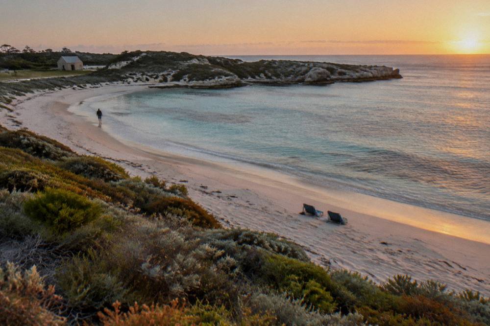 Sunrise light over a calm bay with a sandy beach and low dune vegetation