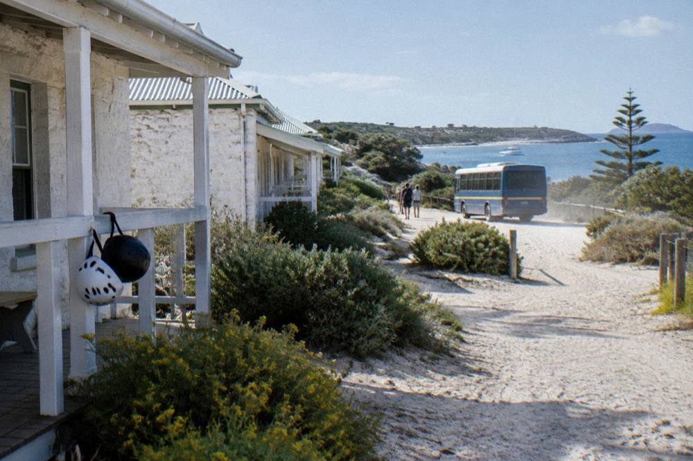 Bicycles parked beside a sandy path near low seaside buildings under a clear sky