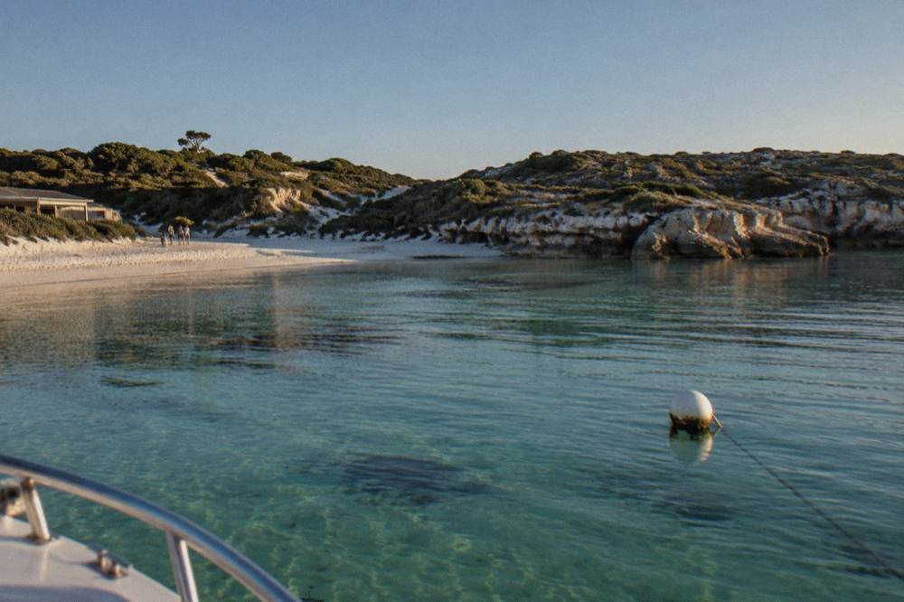 A sheltered sandy bay with clear shallow water and low coastal scrub along the shore