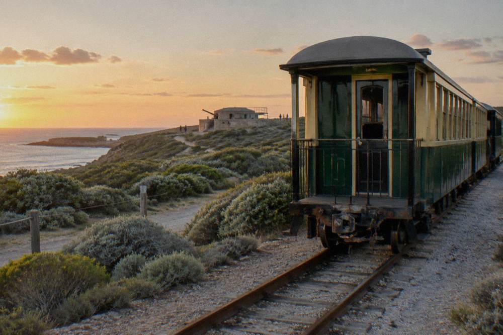 A restored heritage train carriage waiting on a track beside scrubland near a hilltop gun battery