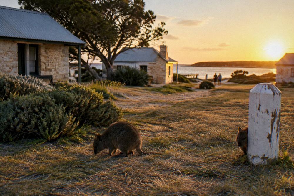 Quokkas grazing on grass near low heritage buildings at sunset