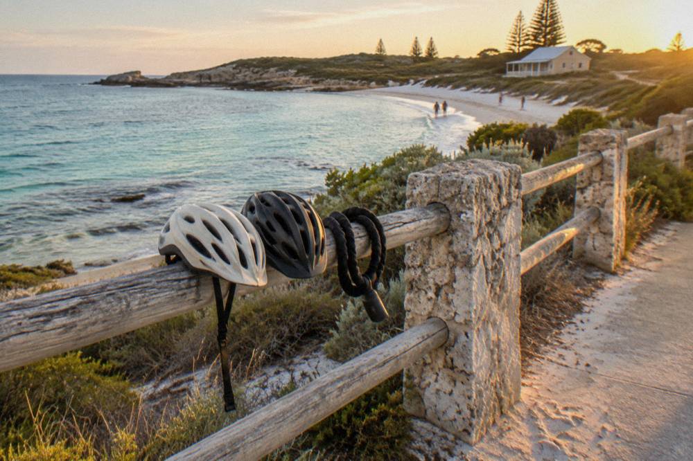 Bicycles parked in a row beside a low coastal fence with turquoise bay water behind them