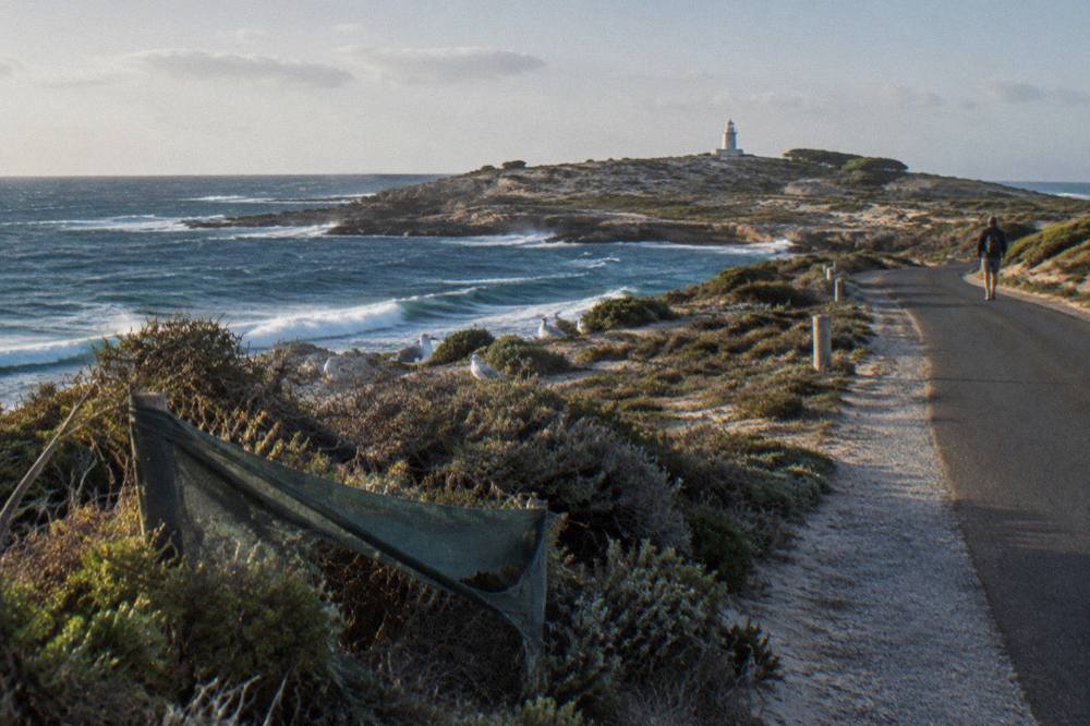 Coastal road curving past turquoise water and low limestone dunes with scrub