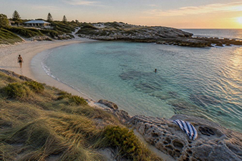 Calm sandy beach with clear shallow turquoise water and rock formations at one end