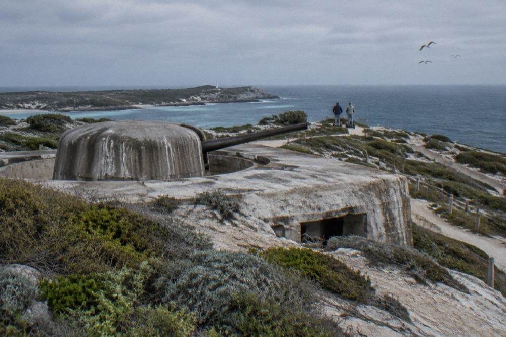 Coastal defence heritage structure on a headland with ocean beyond