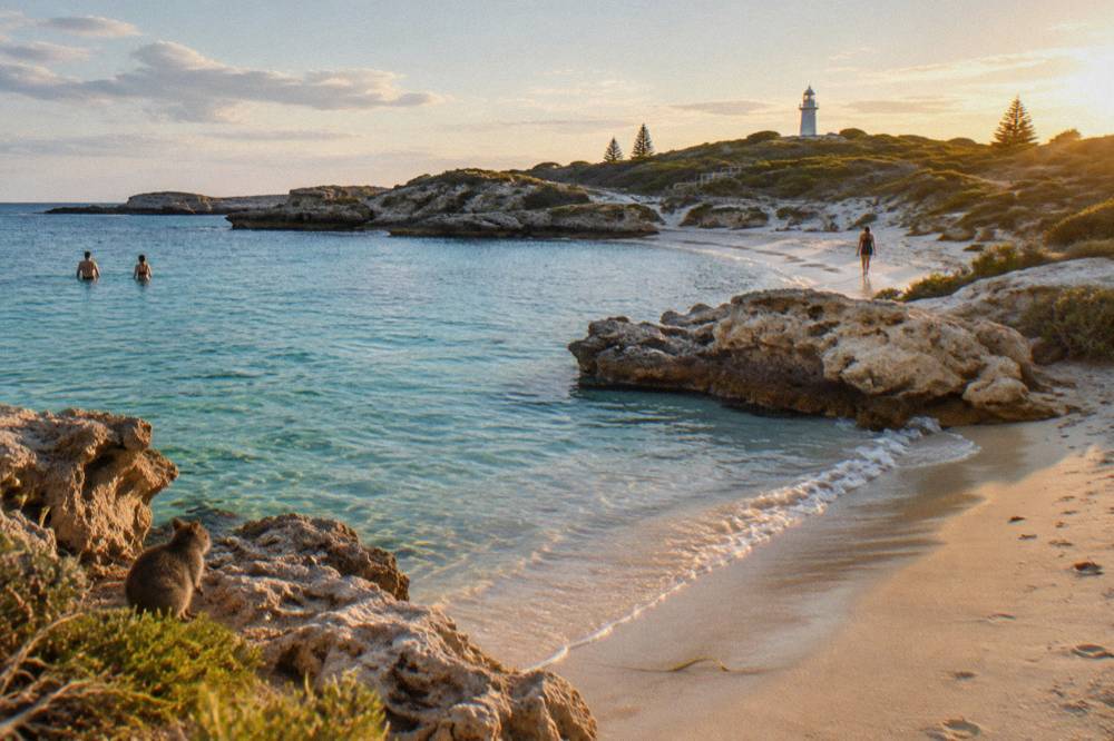 A sheltered sandy cove with calm turquoise shallows and rock formations