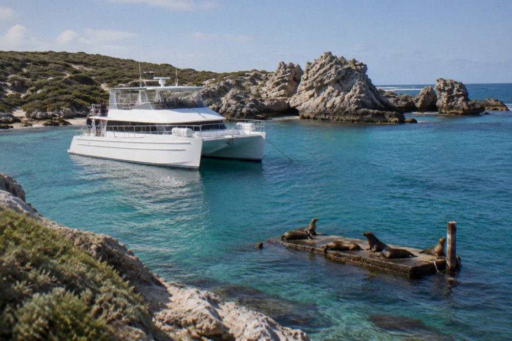 Catamaran anchored over clear turquoise water near a rocky headland on Rottnest Island